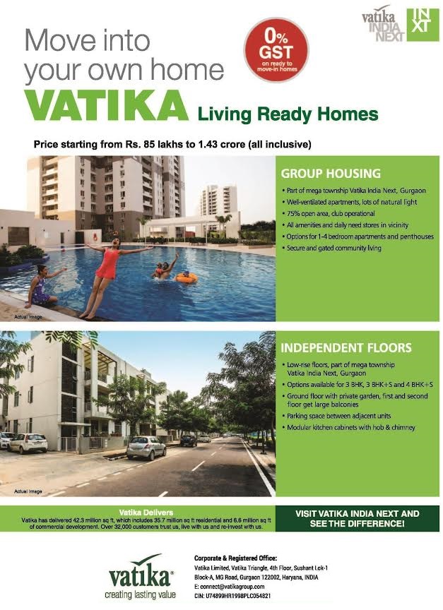 Move into your own home with 0% GST at Vatika Living Ready Homes